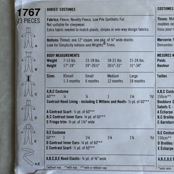 Simplicity 1767 Costume Sewing Pattern Cat Rabbit Zebra Bear Baby Childs XS-L UC - Picture 4 of 4